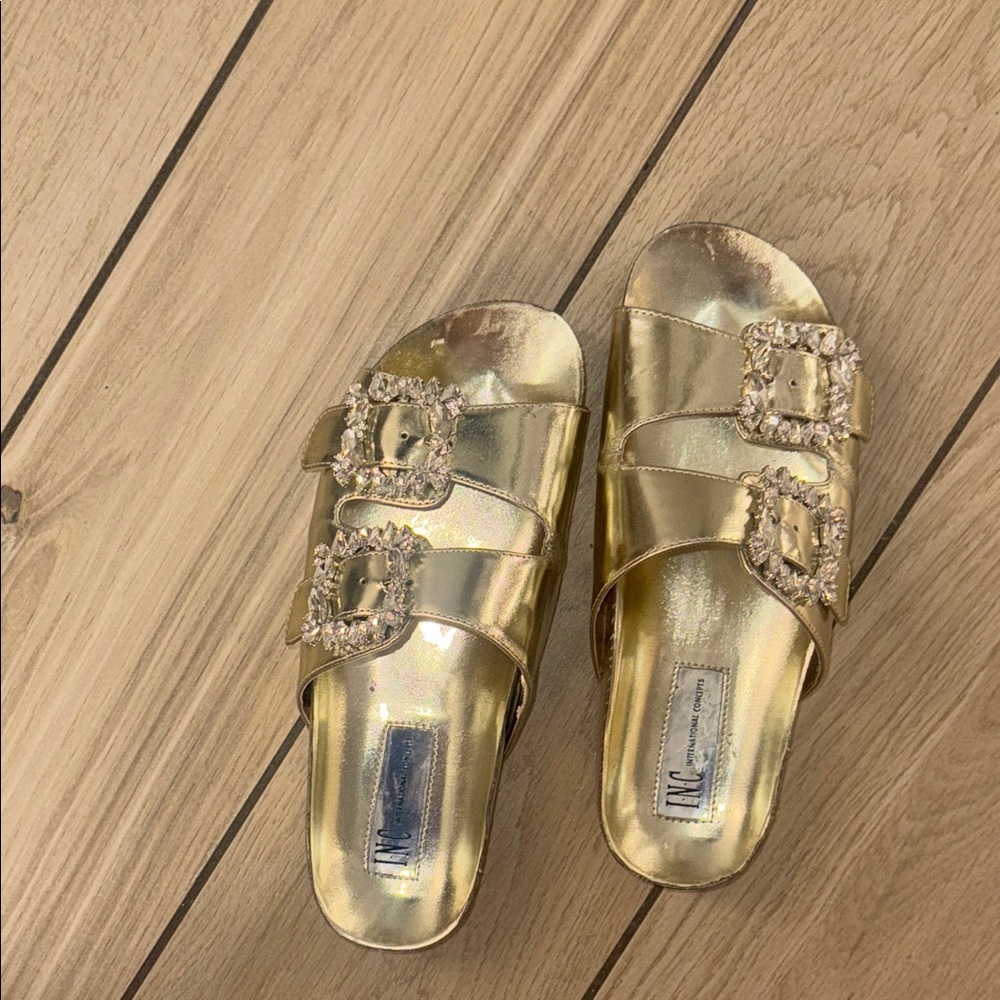 INC International Concepts Metallic Gold Jeweled Buckle Slide Mules